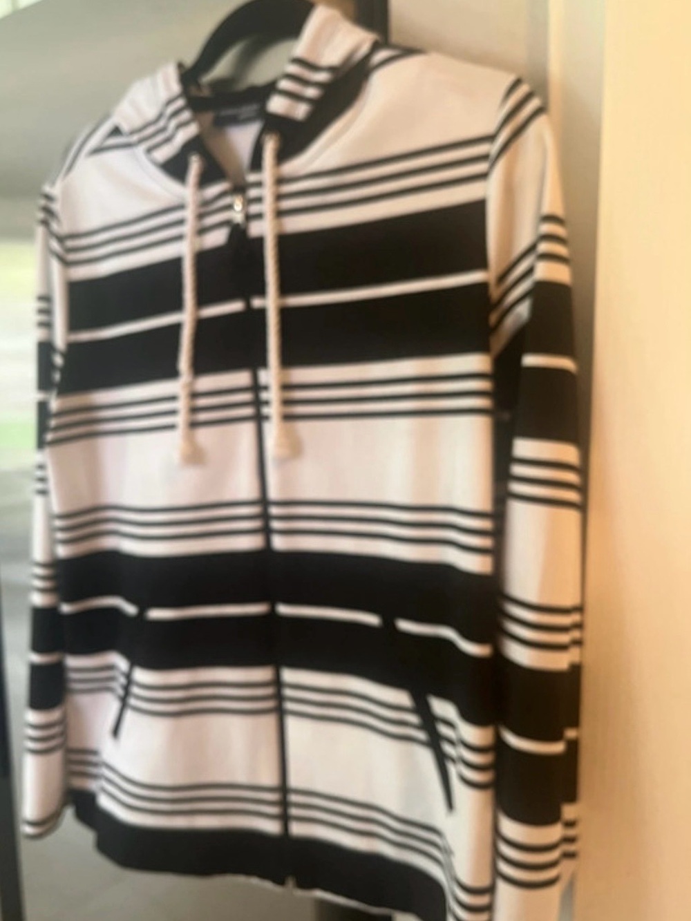 Susan Graver Black & White Striped Zip-Up Sweater Hoodie
